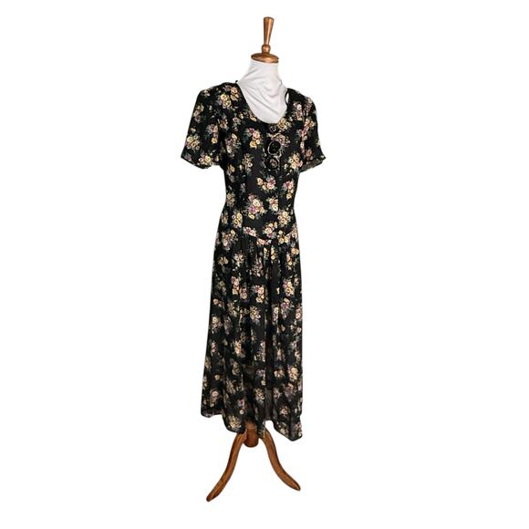 Vintage 1990s Floral Button Front Tie back Cottagecore Maxi Dress L - Picture 2 of 9